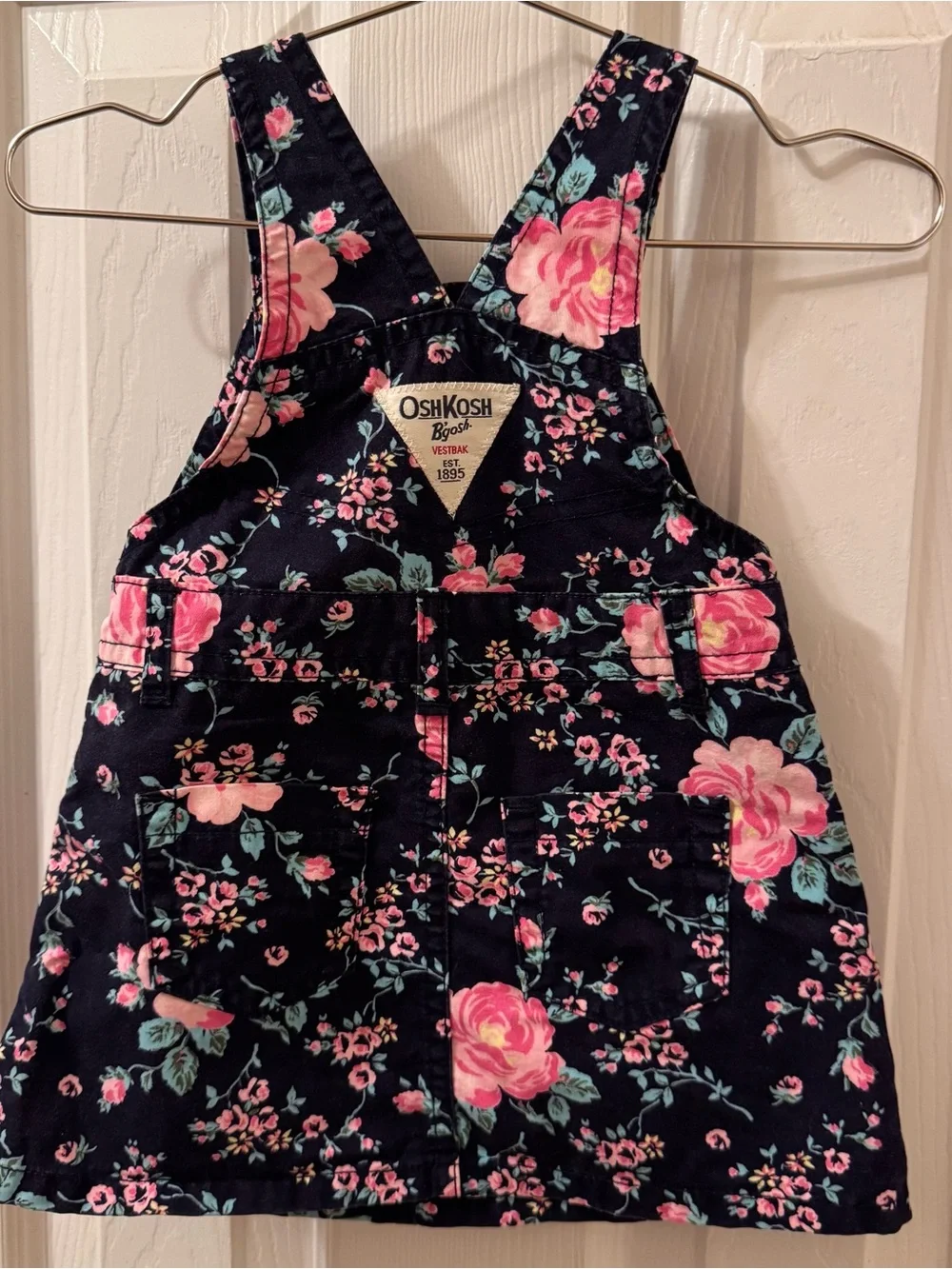 OshKosh Girl Floral Overall Dress Navy with Pink roses 12 months B’gosh overalls